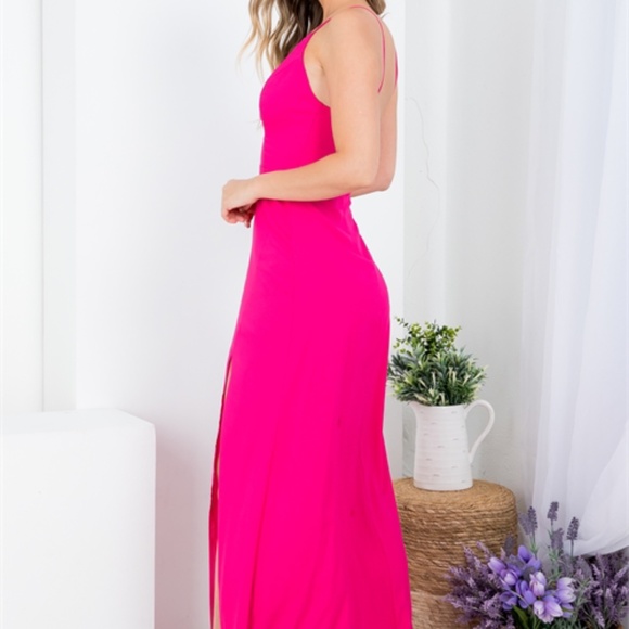 FUCHSIA SPAGHETTI STRAP WITH BACK ZIP CLOSURE DOUBLE SLIT MAXI DRESS - Picture 4 of 9